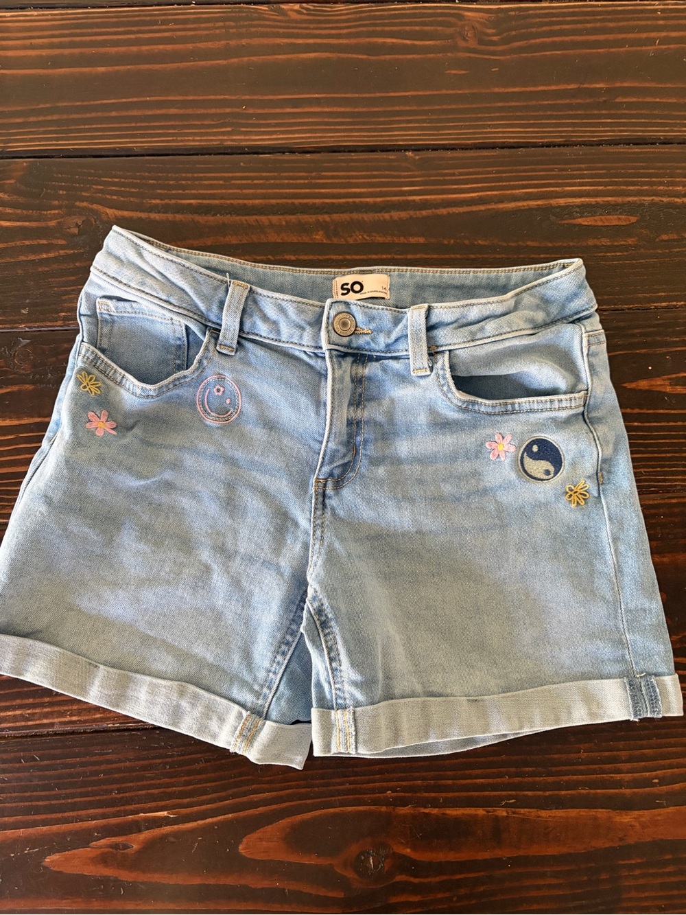 SO Light Blue Denim Girls' Shorts with Embroidered Patches